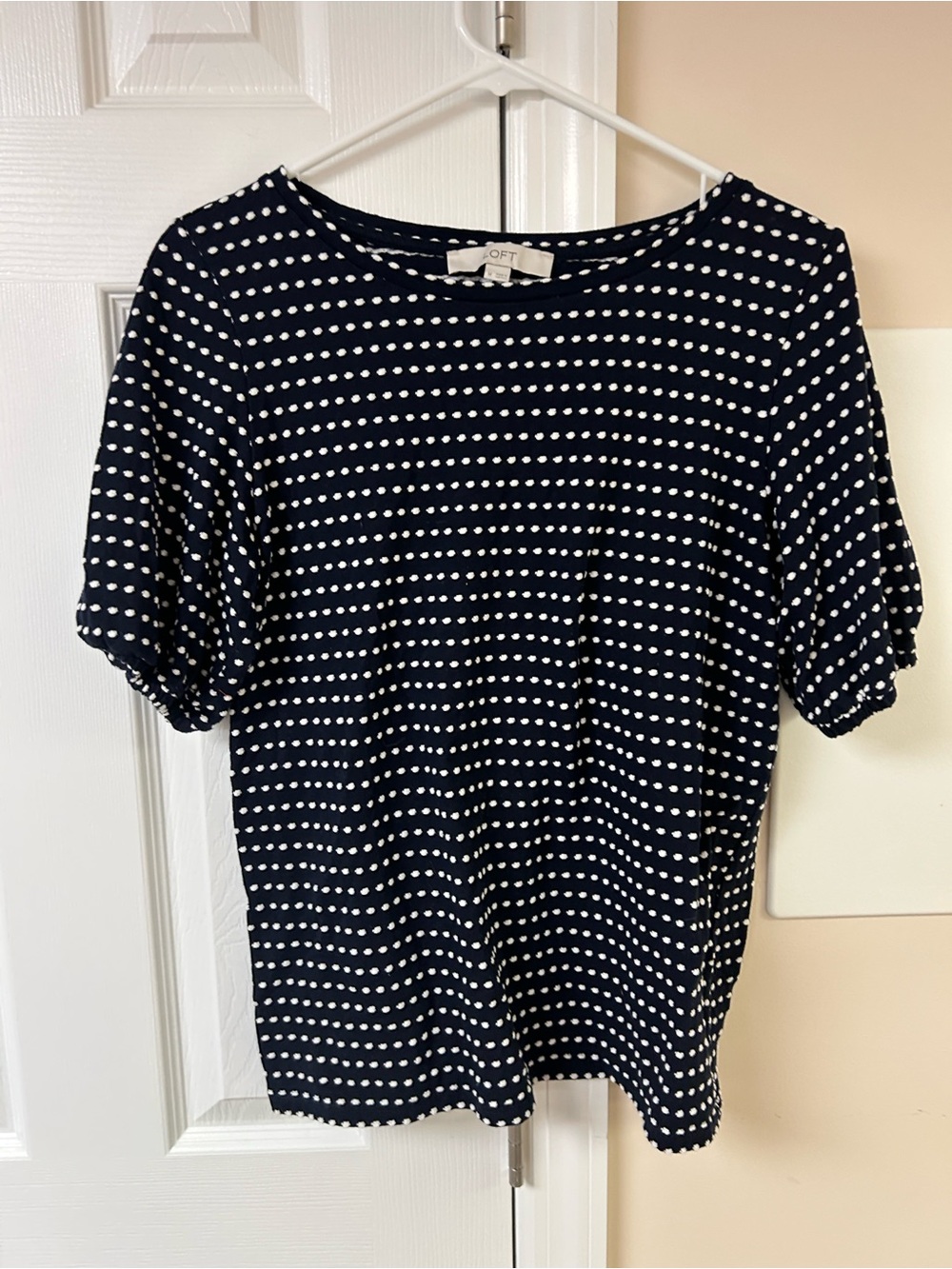 LOFT navy top white polka dots and puffed short sleeves